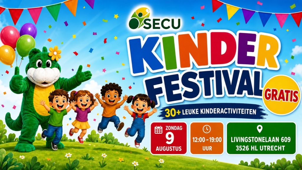 Kinderen en de SECU-mascotte tijdens het gratis Kinder Festival in Utrecht.