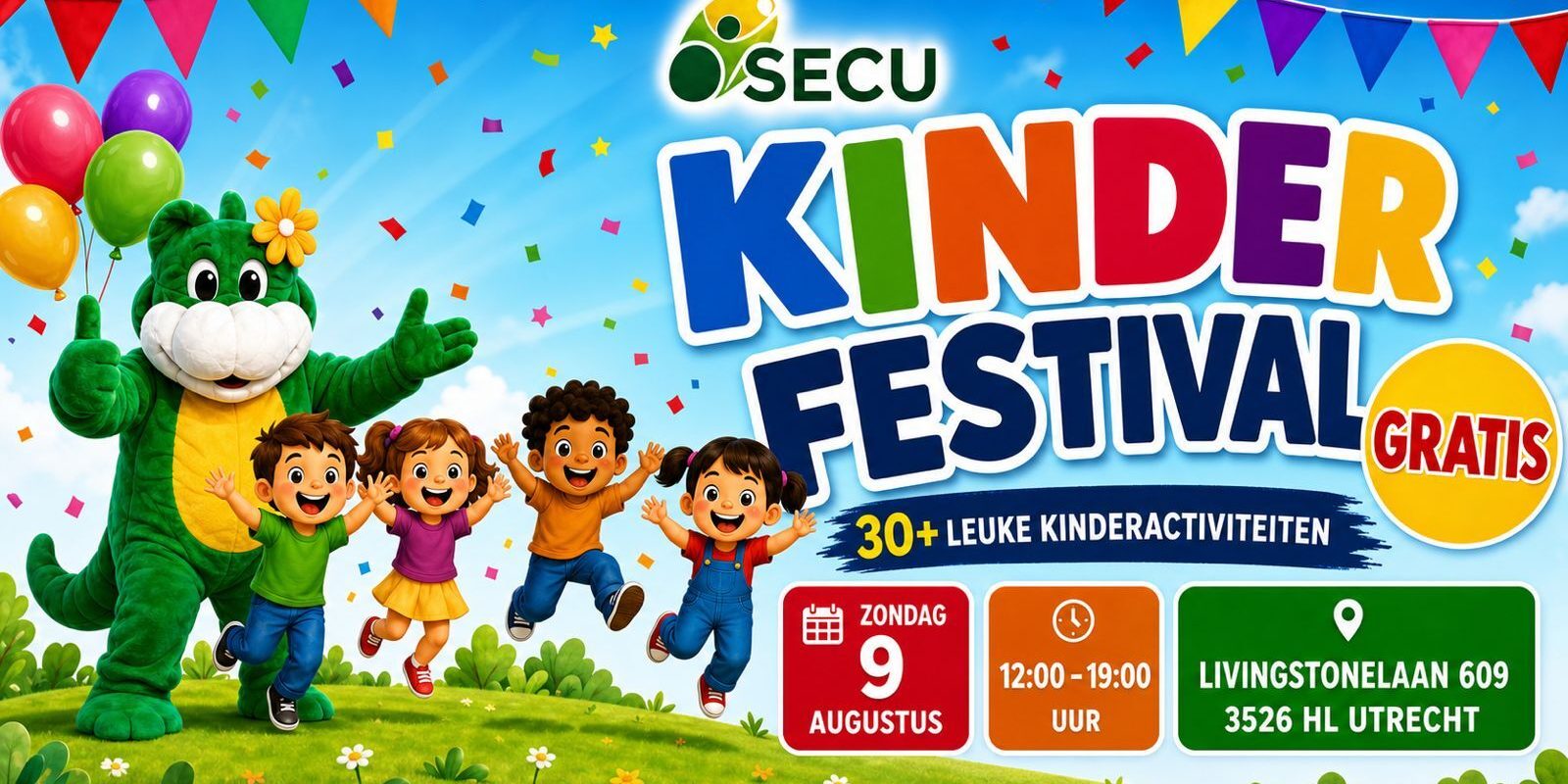c85eacb4-7c5b-435e-9239-04a9b9389a44 Kinderen en de SECU-mascotte tijdens het gratis Kinder Festival in Utrecht.