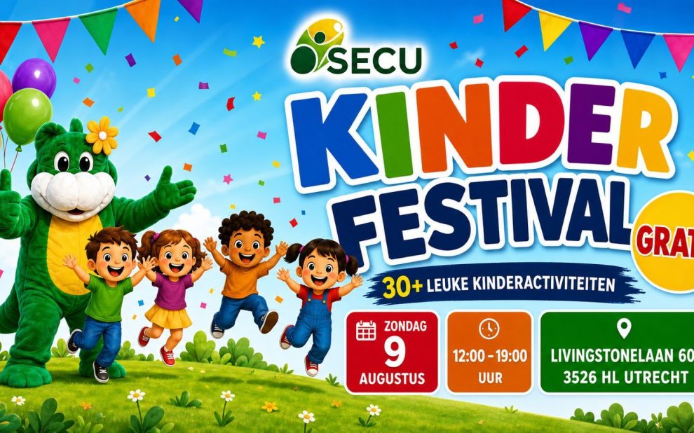 Kinderen en de SECU-mascotte tijdens het gratis Kinder Festival in Utrecht.